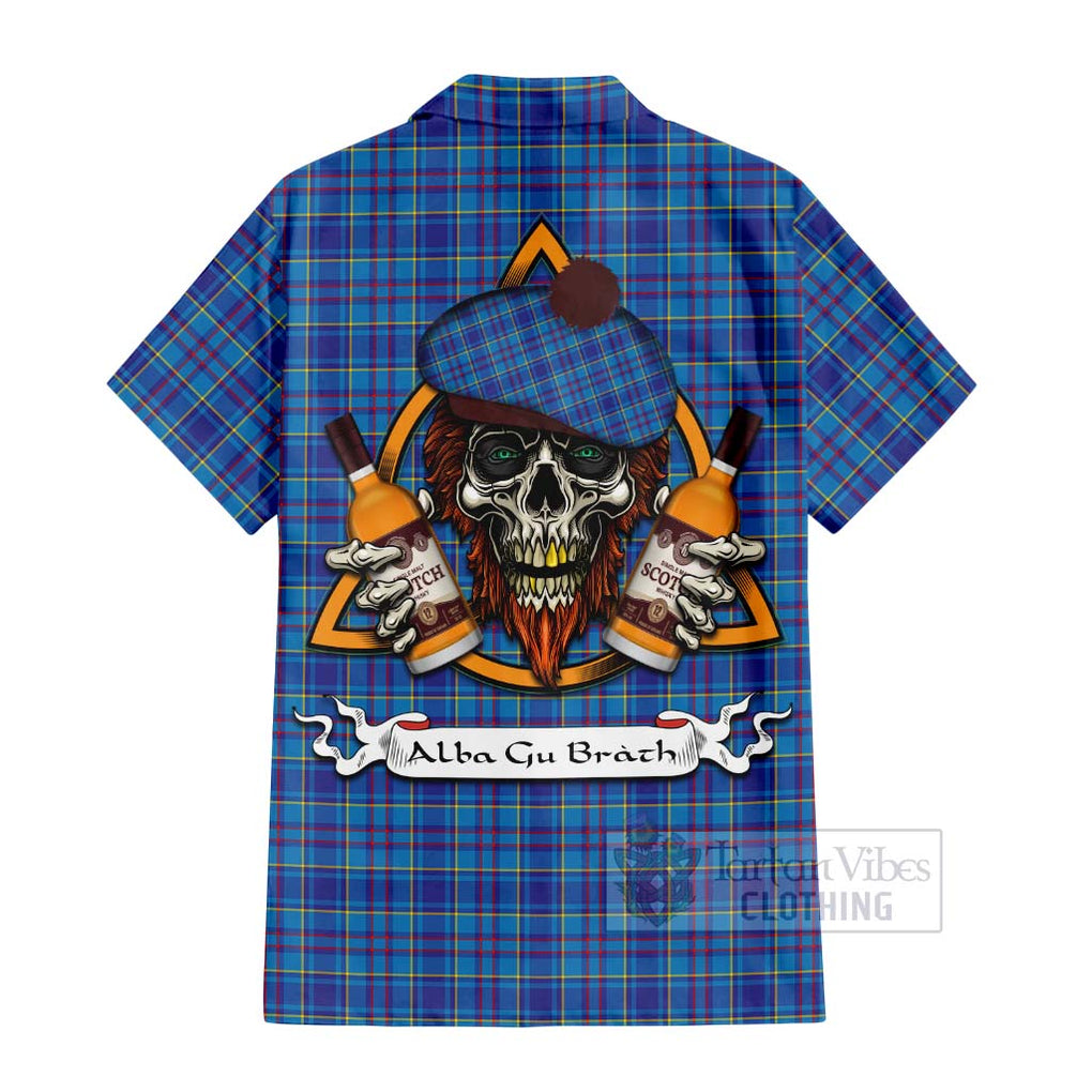 Tartan Vibes Clothing Mercer Tartan Short Sleeve Button Shirt with Family Crest and Bearded Skull Holding Bottles of Whiskey