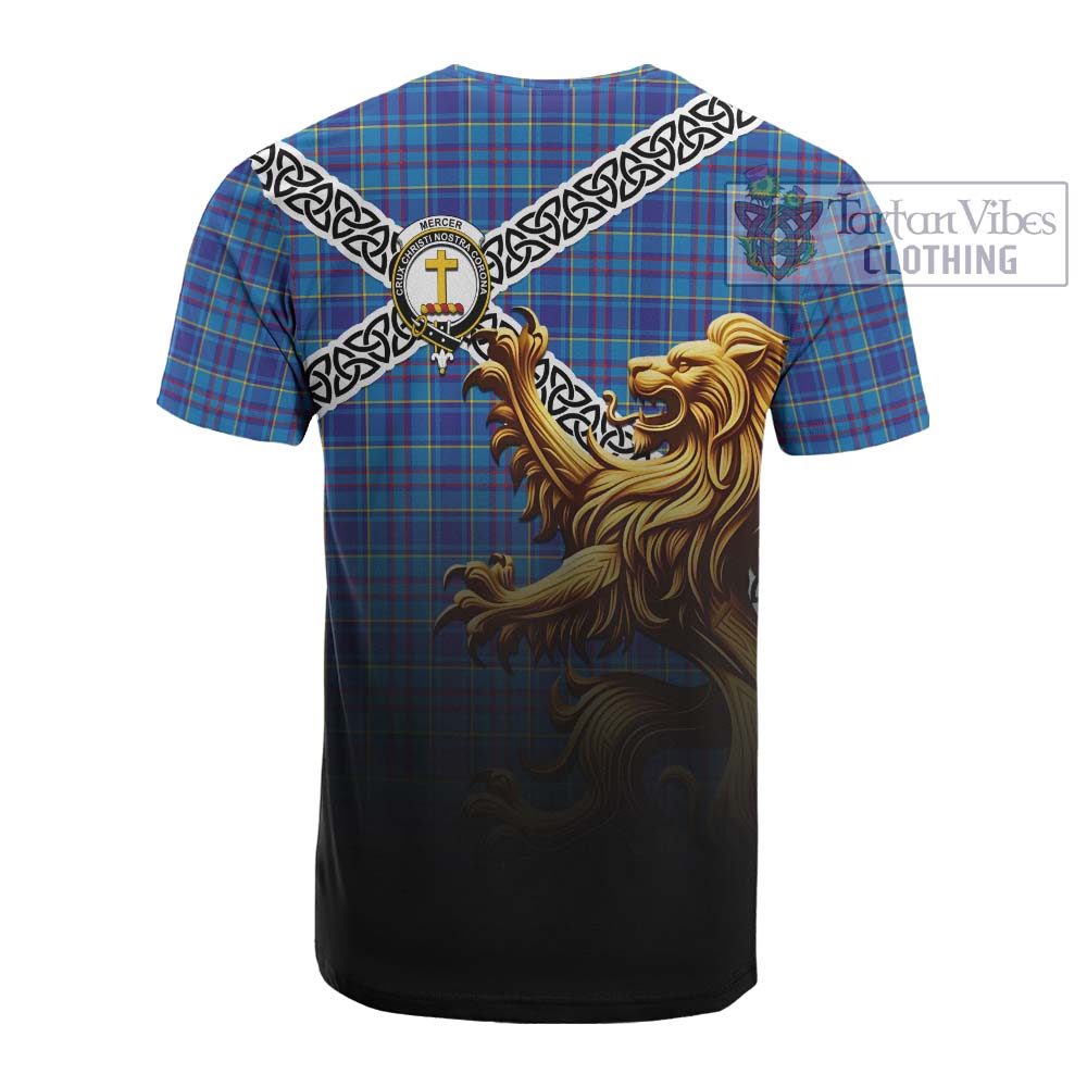 Tartan Vibes Clothing Mercer Crest Tartan Cotton T-shirt with Golden Lion Emblem Celtic Style