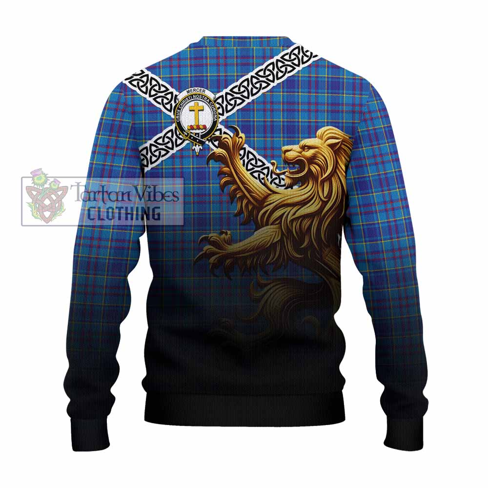 Tartan Vibes Clothing Mercer Crest Tartan Knitted Sweater with Golden Lion Emblem Celtic Style