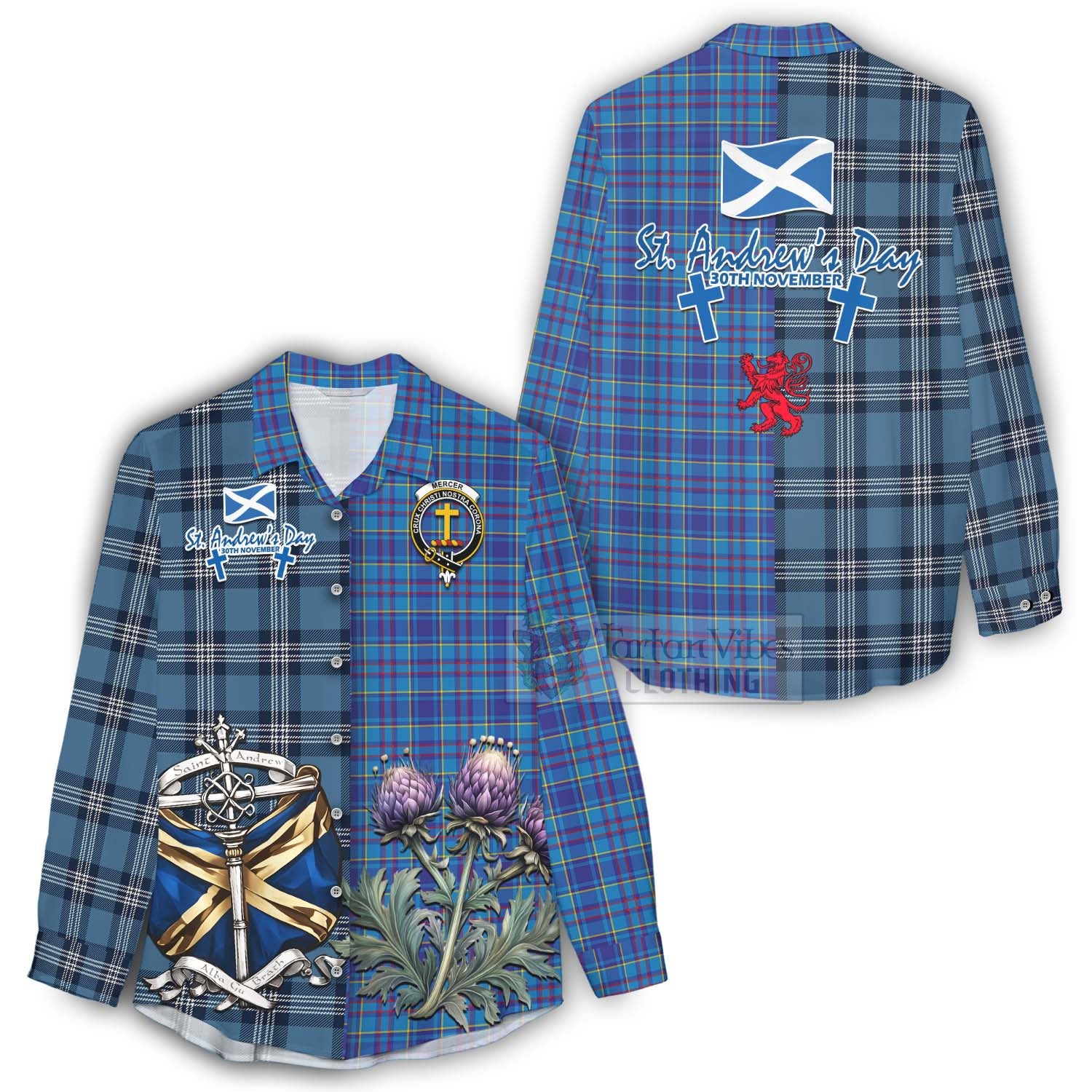 Tartan Vibes Clothing Mercer Tartan Women's Casual Shirt Happy St. Andrew's Day Half Tartan Style