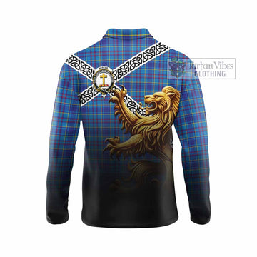 Mercer Crest Tartan Long Sleeve Polo Shirt with Golden Lion Emblem Celtic Style
