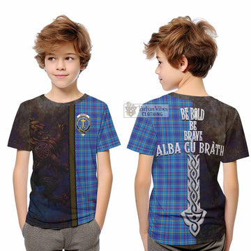 Mercer Tartan Family Crest Kid T-Shirt Alba Gu Brath Be Brave Lion Ancient Style