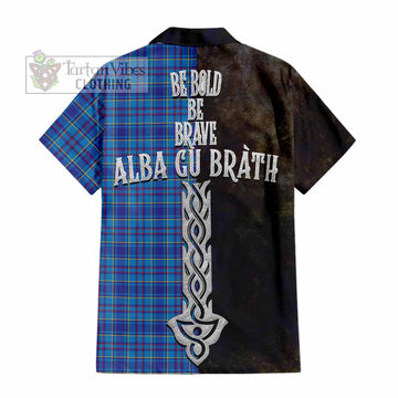 Tartan Vibes Clothing Mercer Tartan Family Crest Short Sleeve Button Shirt Alba Gu Brath Be Brave Lion Ancient Style