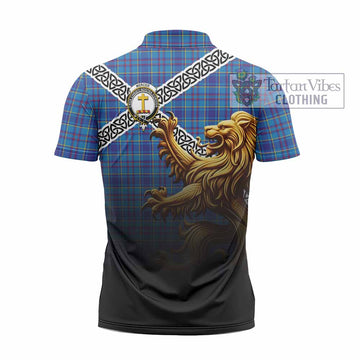 Mercer Crest Tartan Zipper Polo Shirt with Golden Lion Emblem Celtic Style