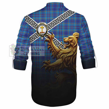 Mercer Crest Tartan Ghillie Kilt Shirt with Golden Lion Emblem Celtic Style