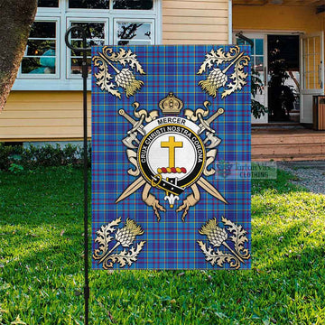 Mercer Tartan Garden Flag with Family Crest and Golden Thistle Crossed Sword Design