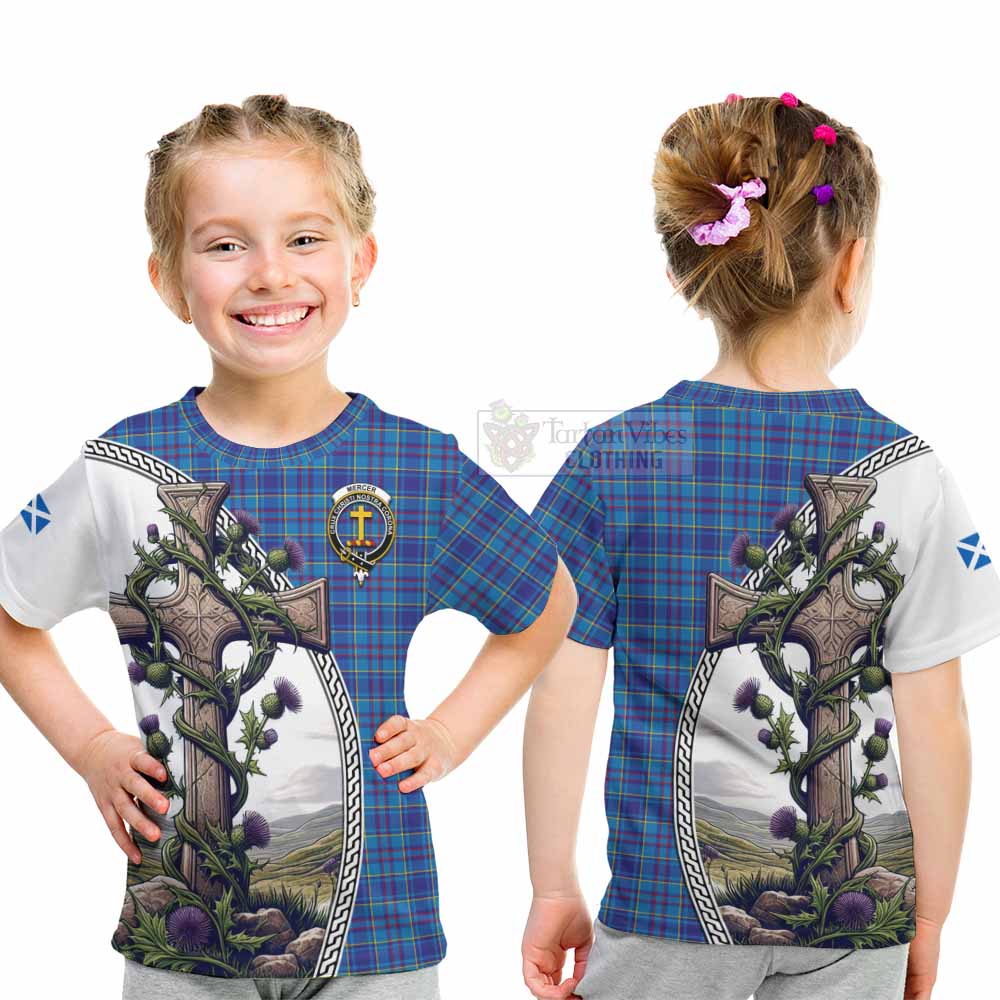 Tartan Vibes Clothing Mercer Tartan Kid T-Shirt with Family Crest and St. Andrew's Cross Accented by Thistle Vines