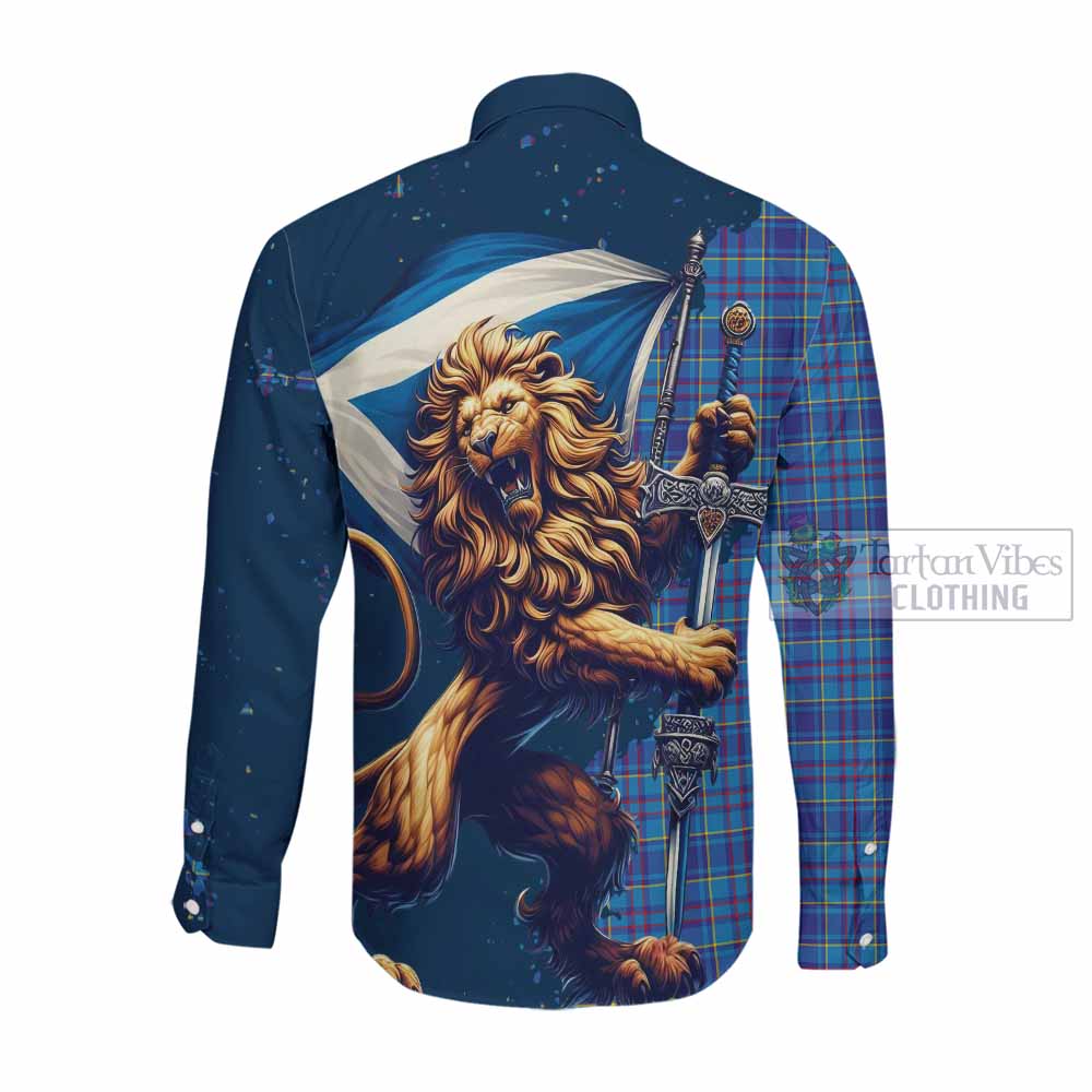 Tartan Vibes Clothing Mercer Tartan Family Crest Long Sleeve Button Shirt with Scottish Majestic Lion