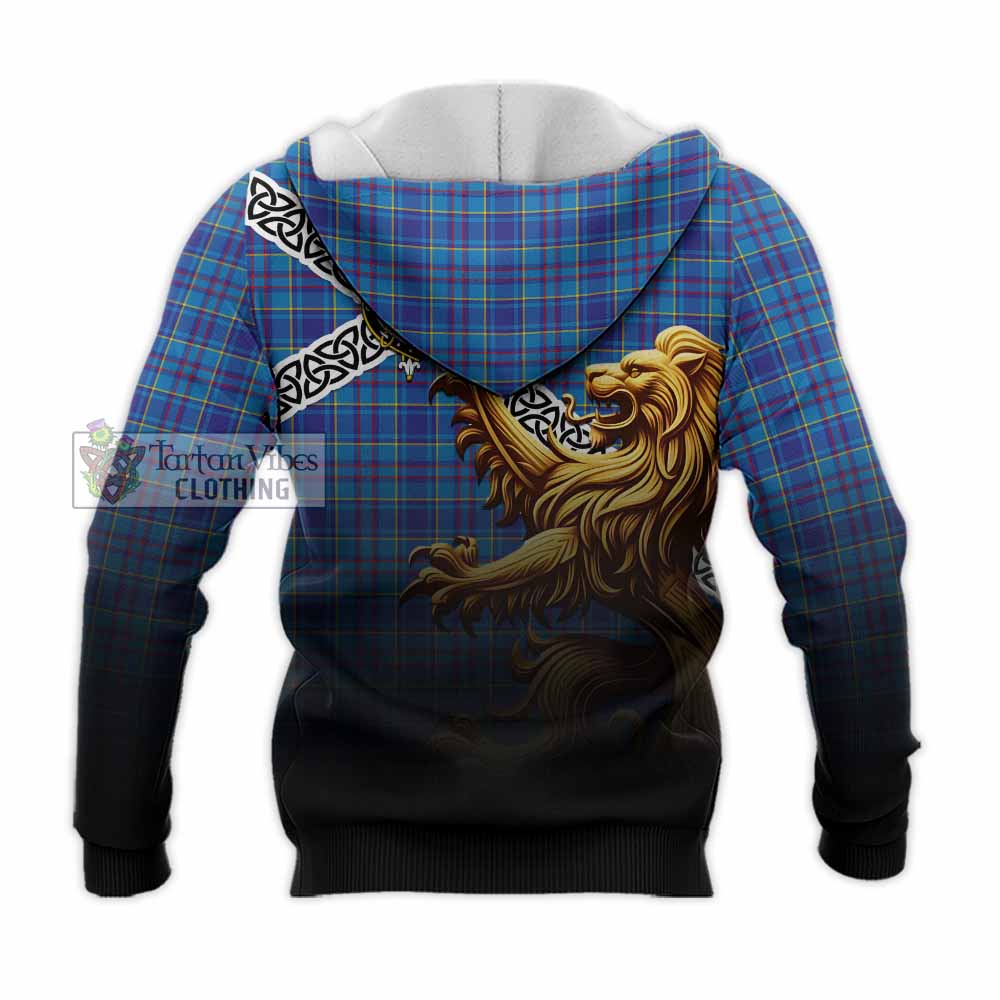 Tartan Vibes Clothing Mercer Crest Tartan Knitted Hoodie with Golden Lion Emblem Celtic Style