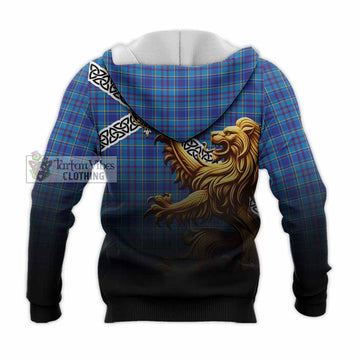 Mercer Crest Tartan Knitted Hoodie with Golden Lion Emblem Celtic Style