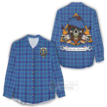 Mercer Tartan Women's Casual Shirt with Family Crest and Bearded Skull Holding Bottles of Whiskey