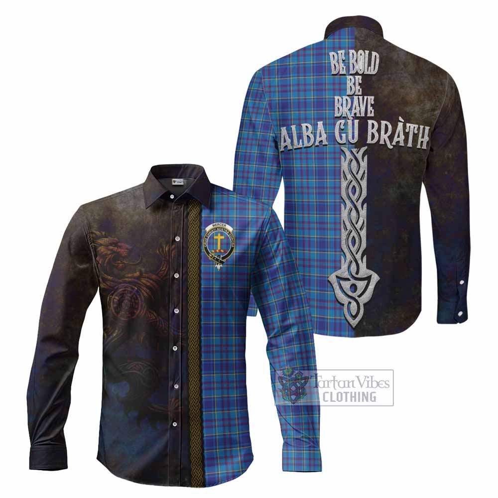 Tartan Vibes Clothing Mercer Tartan Family Crest Long Sleeve Button Shirt Alba Gu Brath Be Brave Lion Ancient Style