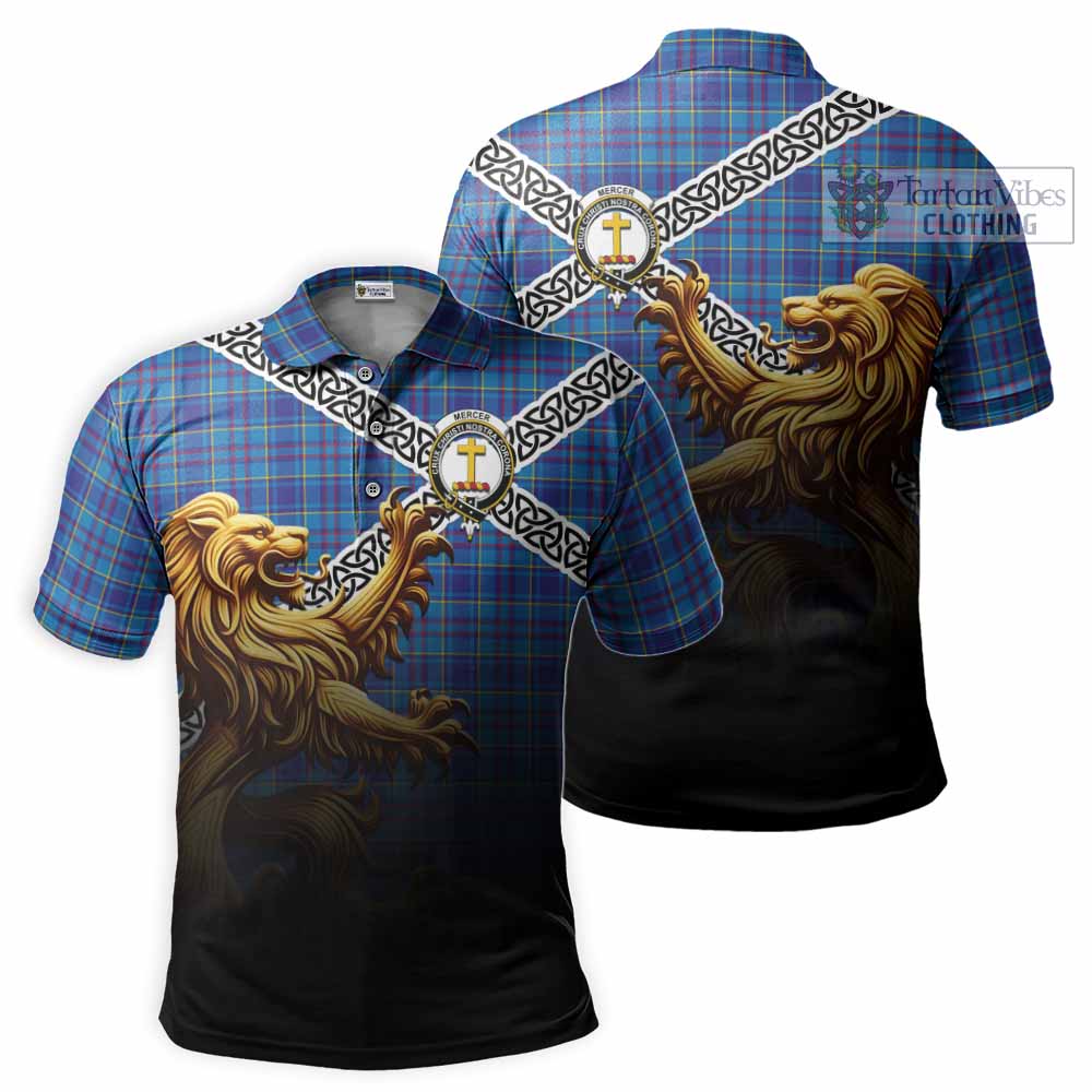 Tartan Vibes Clothing Mercer Crest Tartan Polo Shirt with Golden Lion Emblem Celtic Style