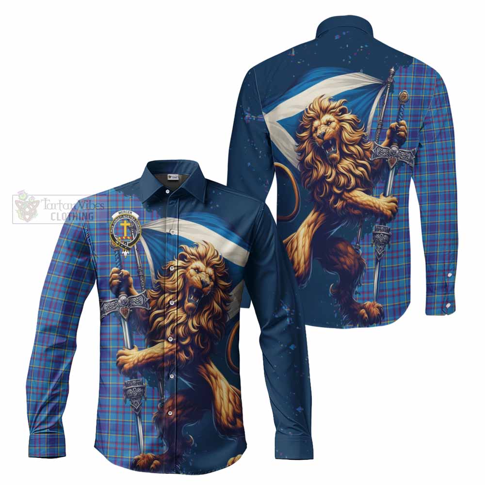 Tartan Vibes Clothing Mercer Tartan Family Crest Long Sleeve Button Shirt with Scottish Majestic Lion
