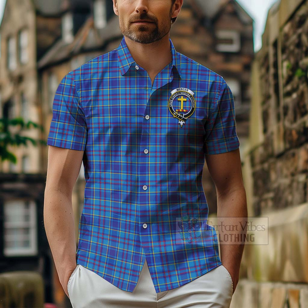 Tartan Vibes Clothing Mercer Tartan Short Sleeve Button Shirt with Family Crest and Bearded Skull Holding Bottles of Whiskey