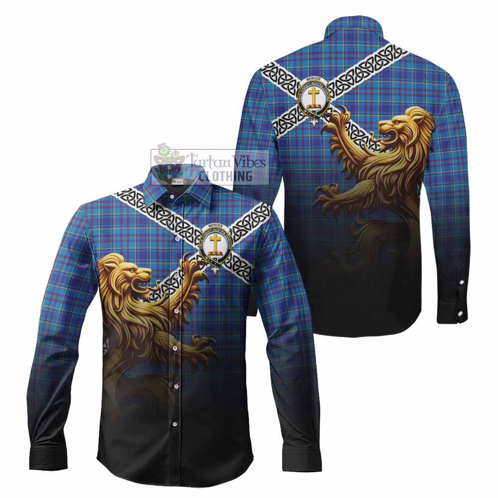 Tartan Vibes Clothing Mercer Crest Tartan Long Sleeve Button Shirt with Golden Lion Emblem Celtic Style
