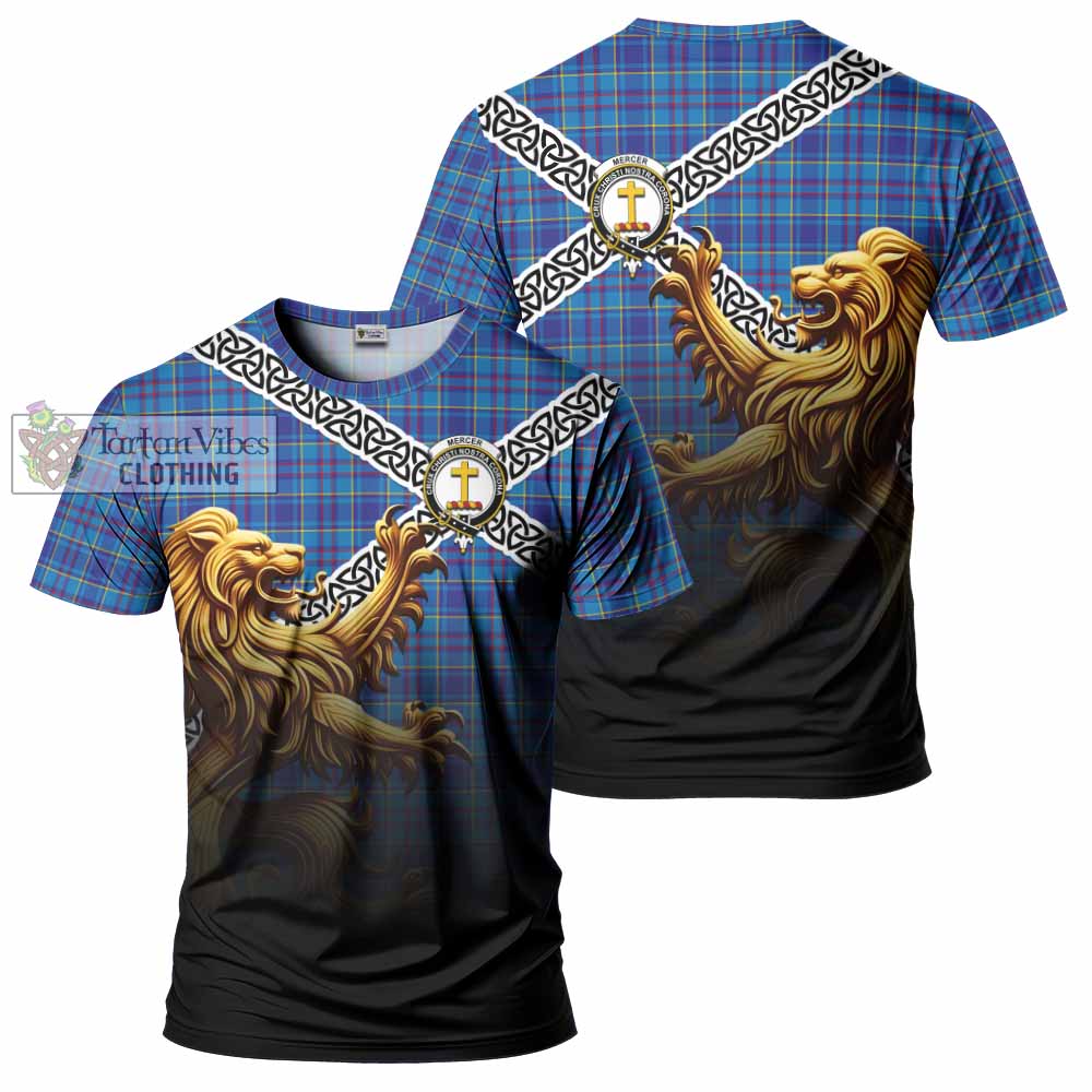 Tartan Vibes Clothing Mercer Crest Tartan T-Shirt with Golden Lion Emblem Celtic Style