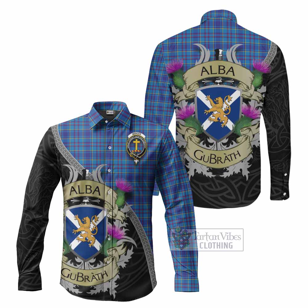 Tartan Vibes Clothing Mercer Tartan Family Crest Long Sleeve Button Shirt Lion Rampant Royal Thistle Shield Celtic Inspired