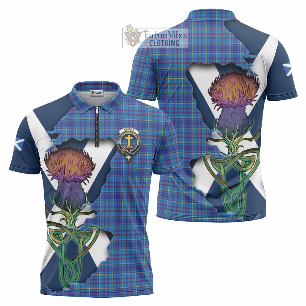 Tartan Vibes Clothing Mercer Tartan Family Crest Zipper Polo Shirt Scottish Thistle Celtic Inspired