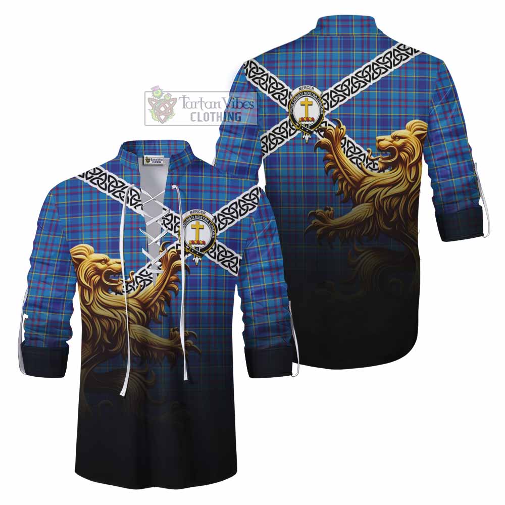 Tartan Vibes Clothing Mercer Crest Tartan Ghillie Kilt Shirt with Golden Lion Emblem Celtic Style