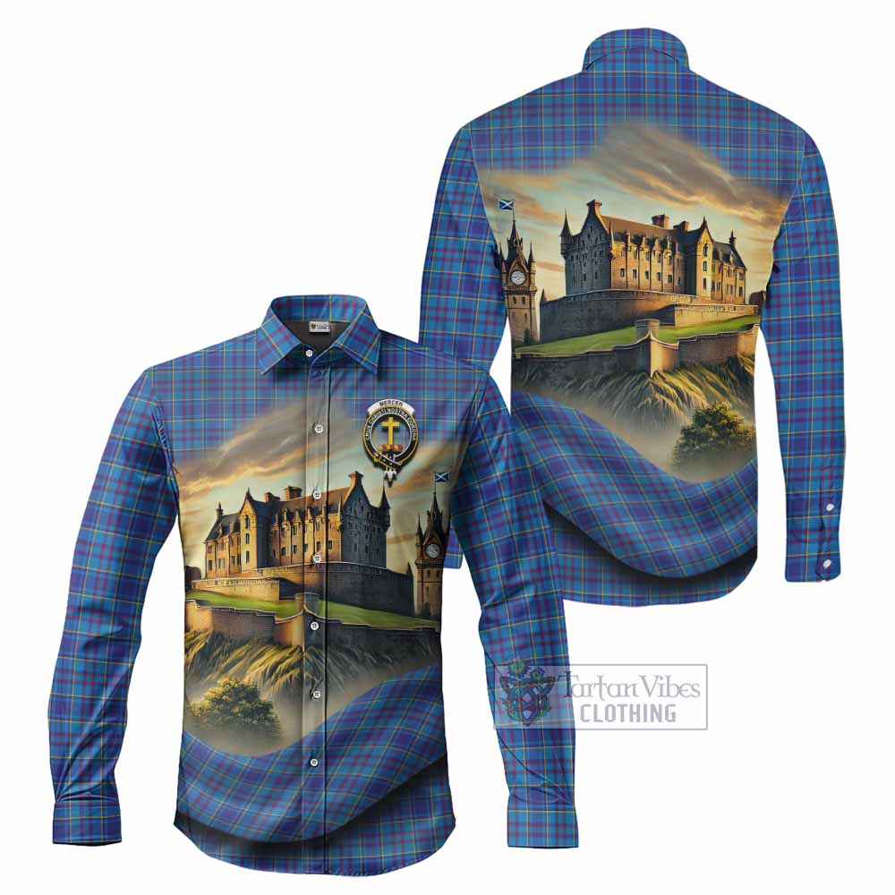 Tartan Vibes Clothing Mercer Tartan Family Crest Long Sleeve Button Shirt with Scottish Ancient Castle Style