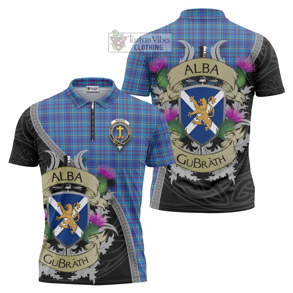 Tartan Vibes Clothing Mercer Tartan Family Crest Zipper Polo Shirt Lion Rampant Royal Thistle Shield Celtic Inspired