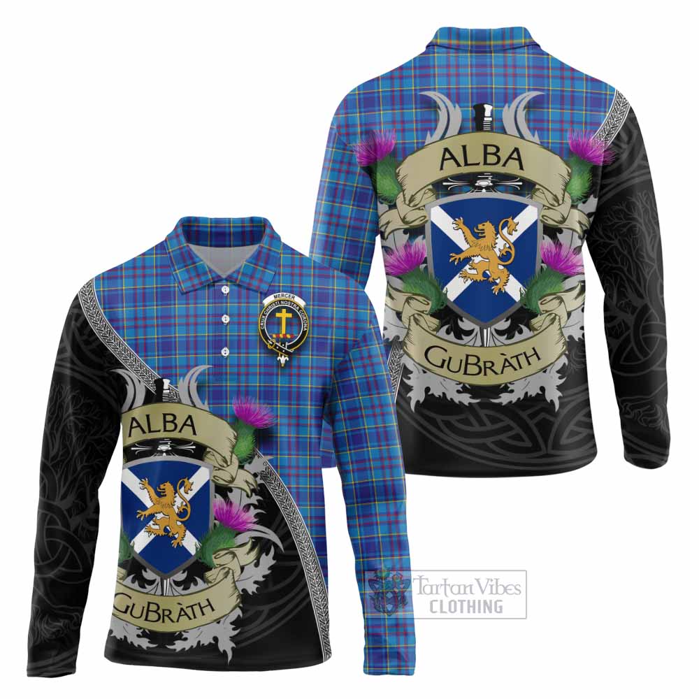 Tartan Vibes Clothing Mercer Tartan Family Crest Long Sleeve Polo Shirt Lion Rampant Royal Thistle Shield Celtic Inspired