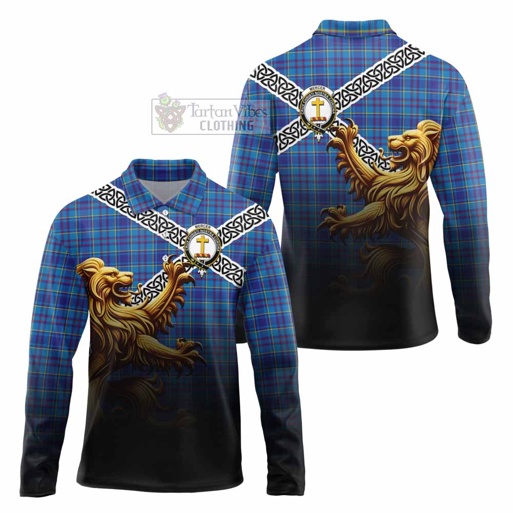 Tartan Vibes Clothing Mercer Crest Tartan Long Sleeve Polo Shirt with Golden Lion Emblem Celtic Style