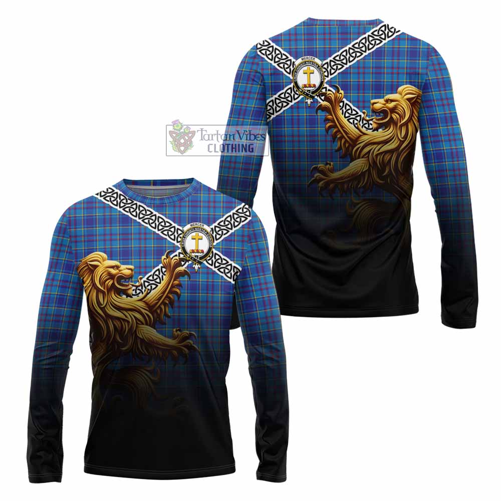 Tartan Vibes Clothing Mercer Crest Tartan Long Sleeve T-Shirt with Golden Lion Emblem Celtic Style