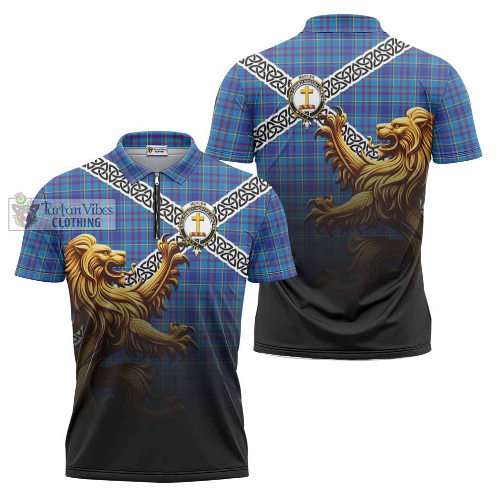 Tartan Vibes Clothing Mercer Crest Tartan Zipper Polo Shirt with Golden Lion Emblem Celtic Style