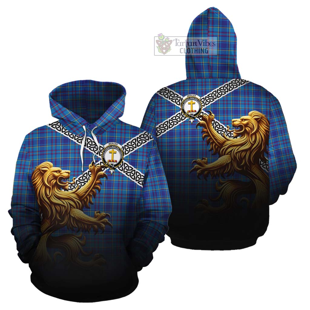 Tartan Vibes Clothing Mercer Crest Tartan Cotton Hoodie with Golden Lion Emblem Celtic Style