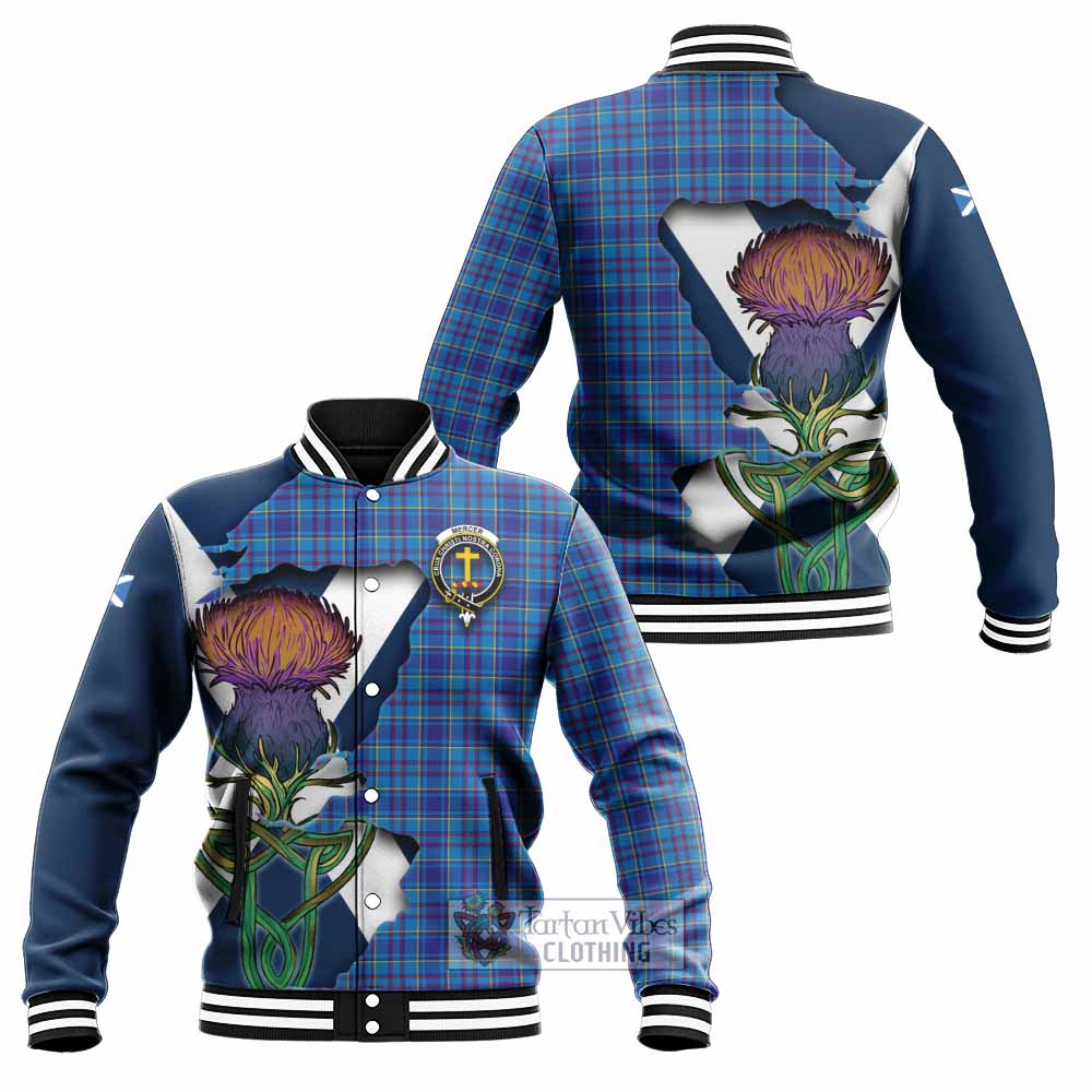 Tartan Vibes Clothing Mercer Tartan Family Crest Baseball Jacket Scottish Thistle Celtic Inspired