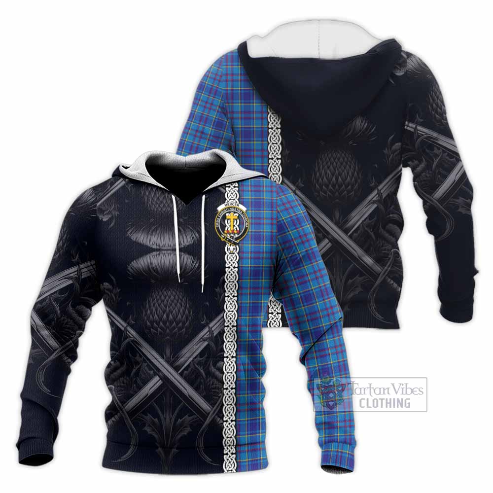 Tartan Vibes Clothing Mercer Tartan Knitted Hoodie with Family Crest Cross Sword Thistle Celtic Vibes