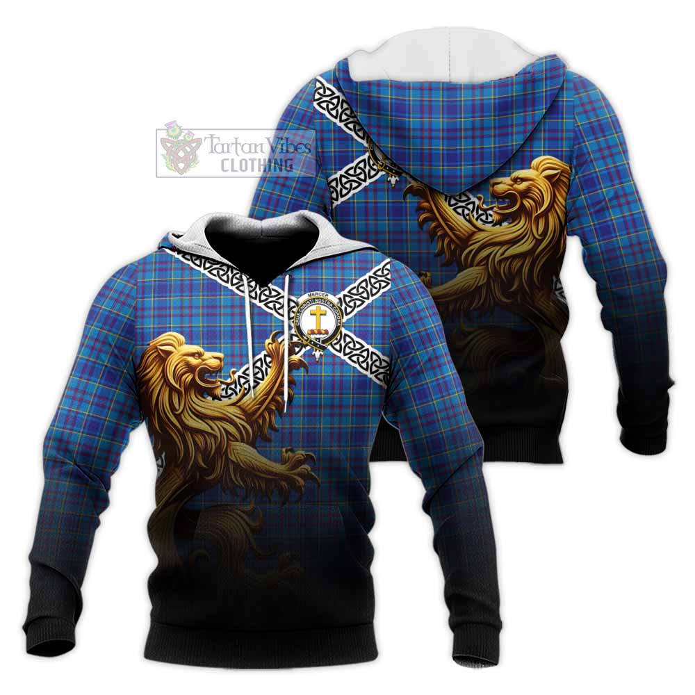 Tartan Vibes Clothing Mercer Crest Tartan Knitted Hoodie with Golden Lion Emblem Celtic Style