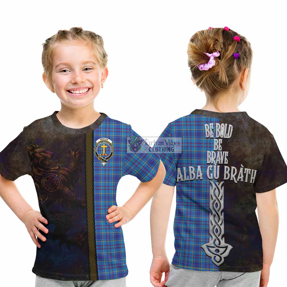 Tartan Vibes Clothing Mercer Tartan Family Crest Kid T-Shirt Alba Gu Brath Be Brave Lion Ancient Style