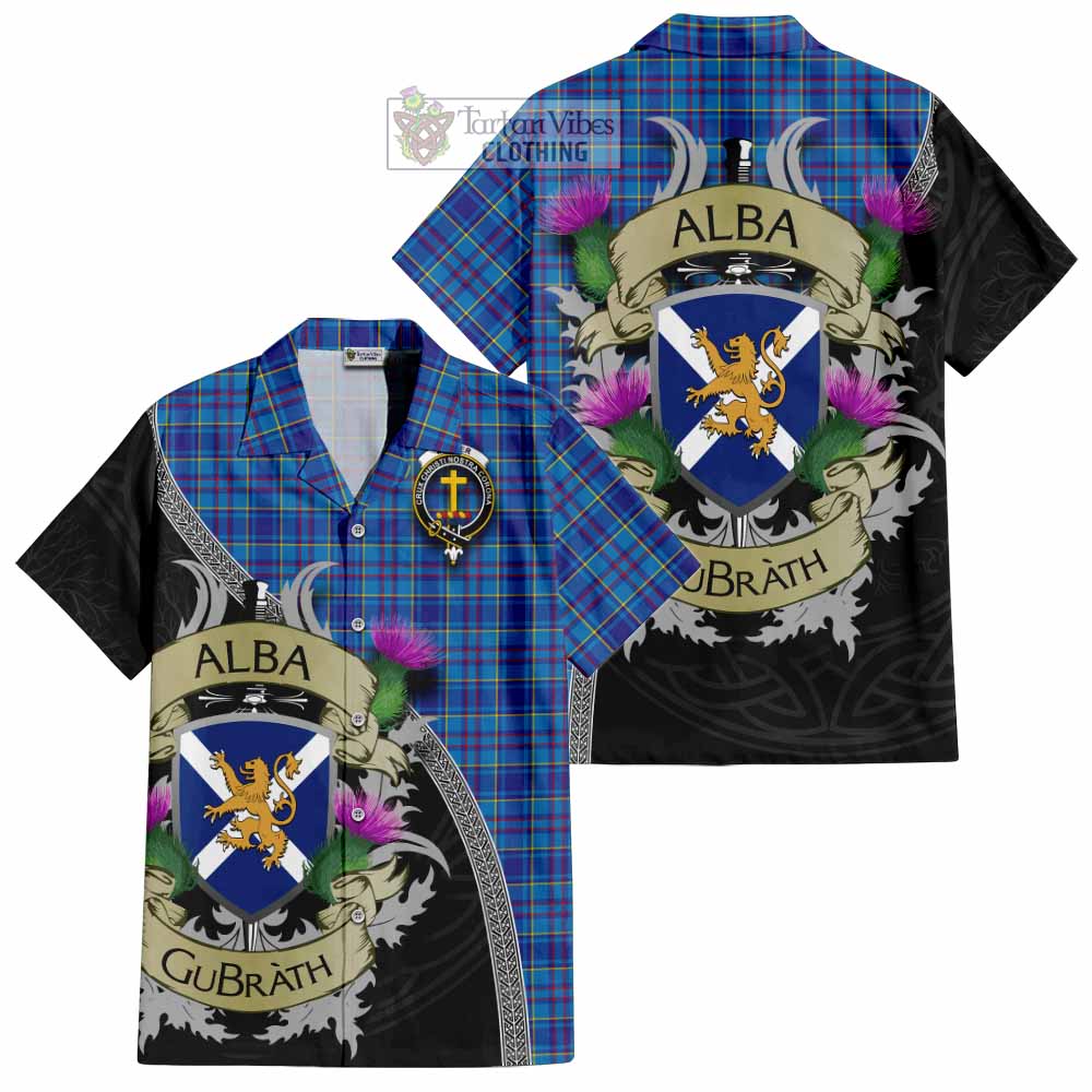 Tartan Vibes Clothing Mercer Tartan Family Crest Short Sleeve Button Shirt Lion Rampant Royal Thistle Shield Celtic Inspired