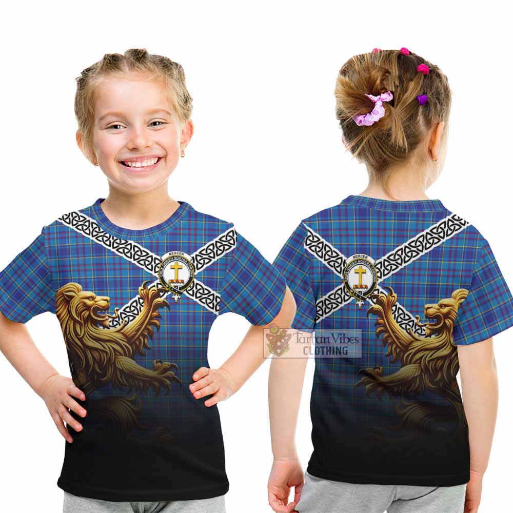 Tartan Vibes Clothing Mercer Crest Tartan Kid T-Shirt with Golden Lion Emblem Celtic Style