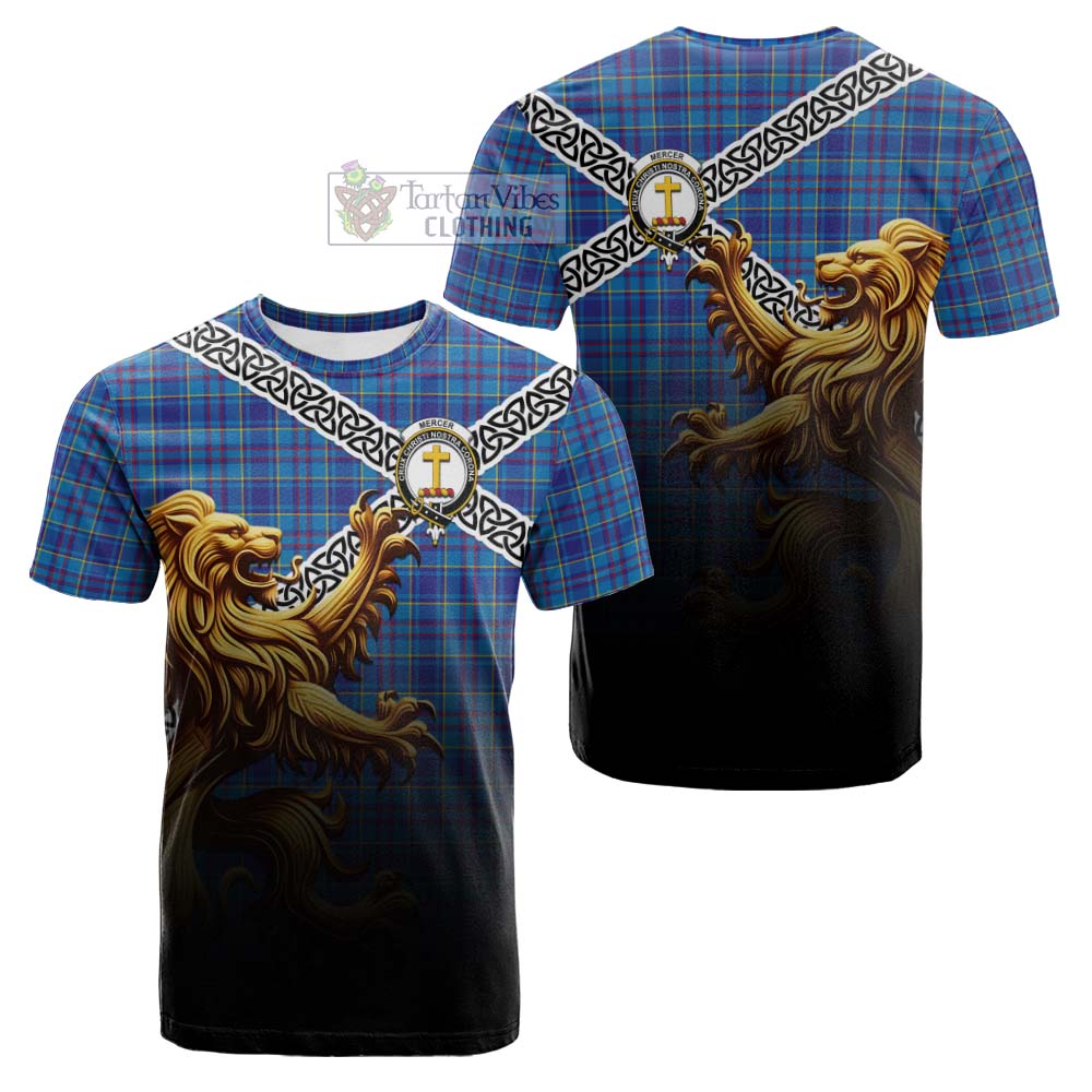 Tartan Vibes Clothing Mercer Crest Tartan Cotton T-shirt with Golden Lion Emblem Celtic Style