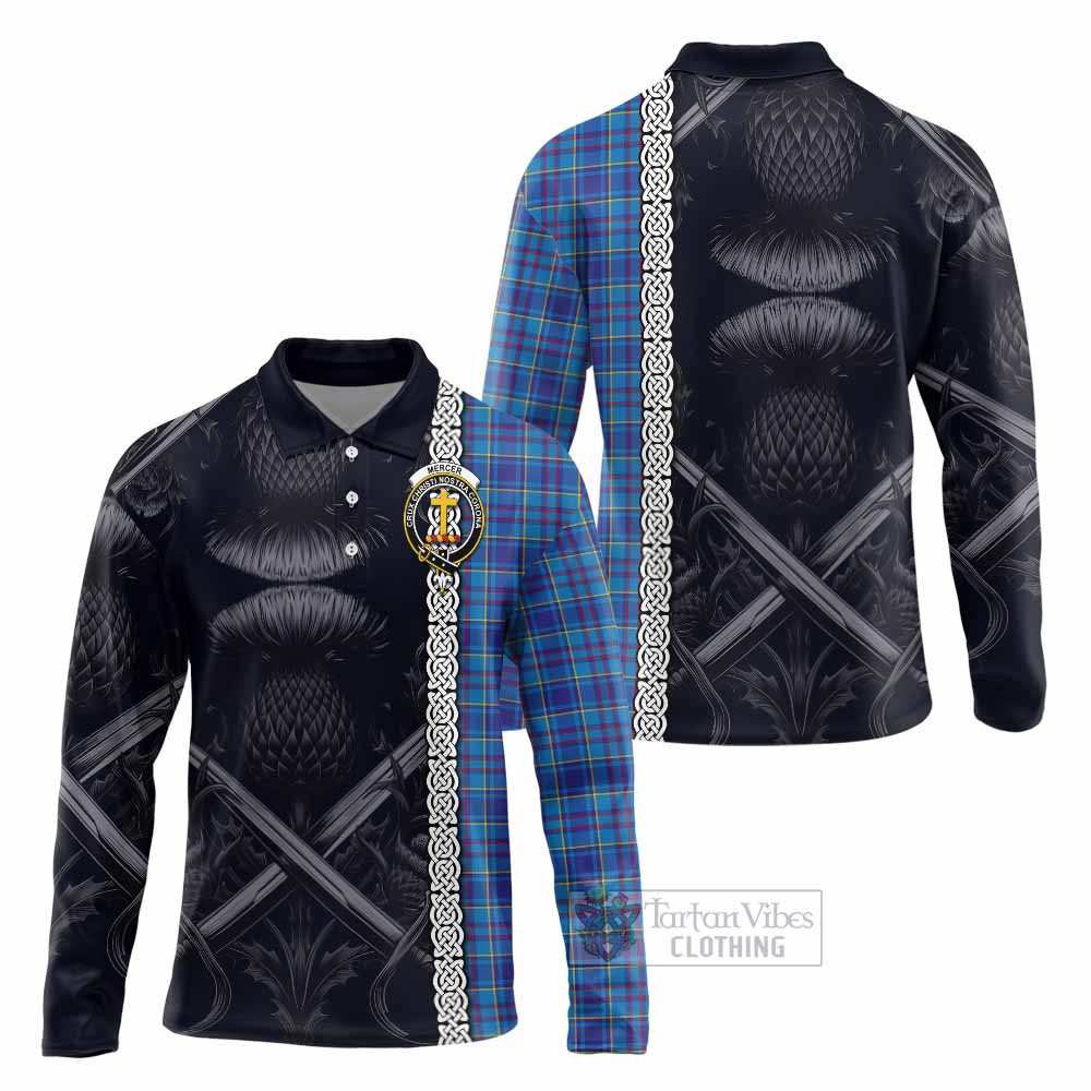 Tartan Vibes Clothing Mercer Tartan Long Sleeve Polo Shirt with Family Crest Cross Sword Thistle Celtic Vibes