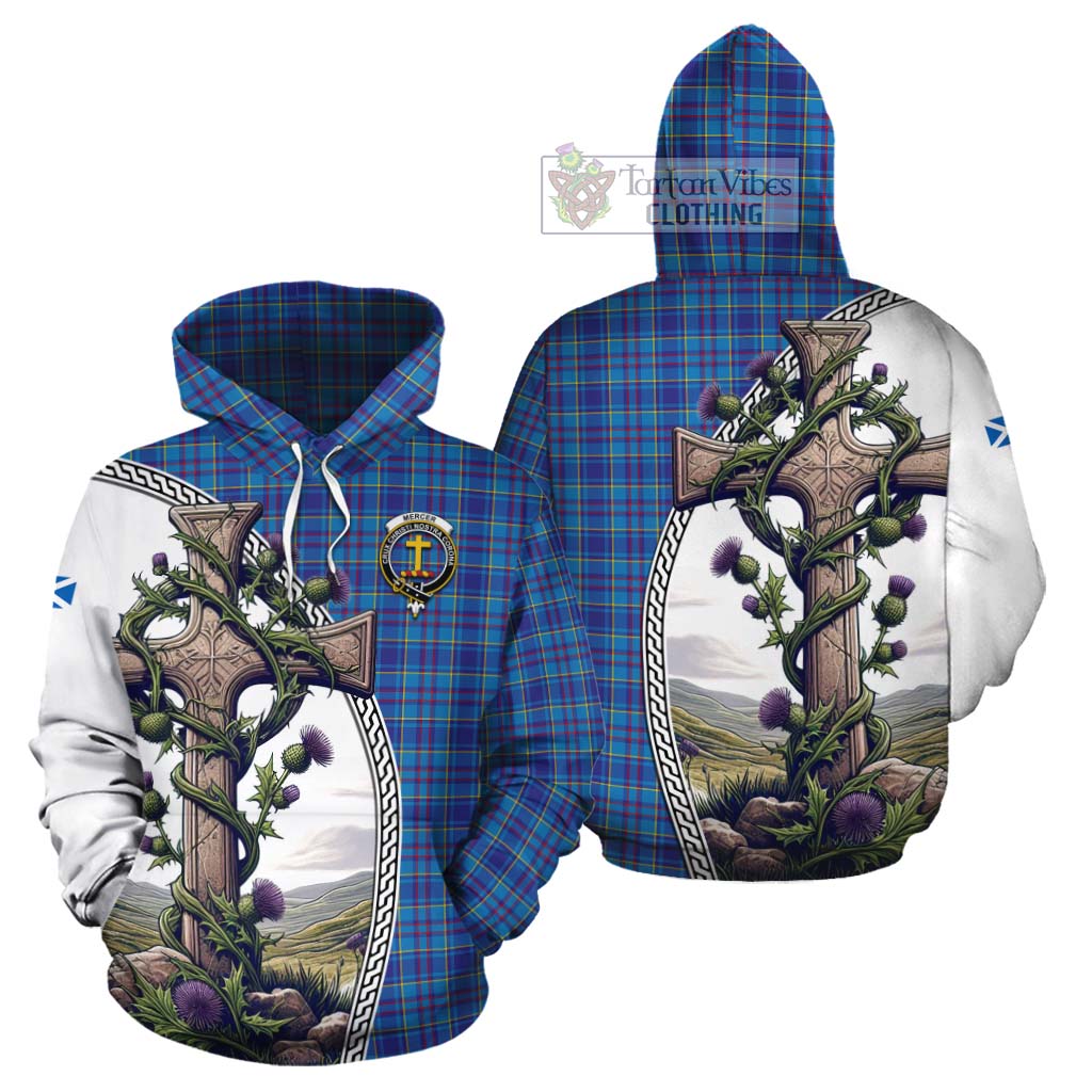 Tartan Vibes Clothing Mercer Tartan Cotton Hoodie with Family Crest and St. Andrew's Cross Accented by Thistle Vines