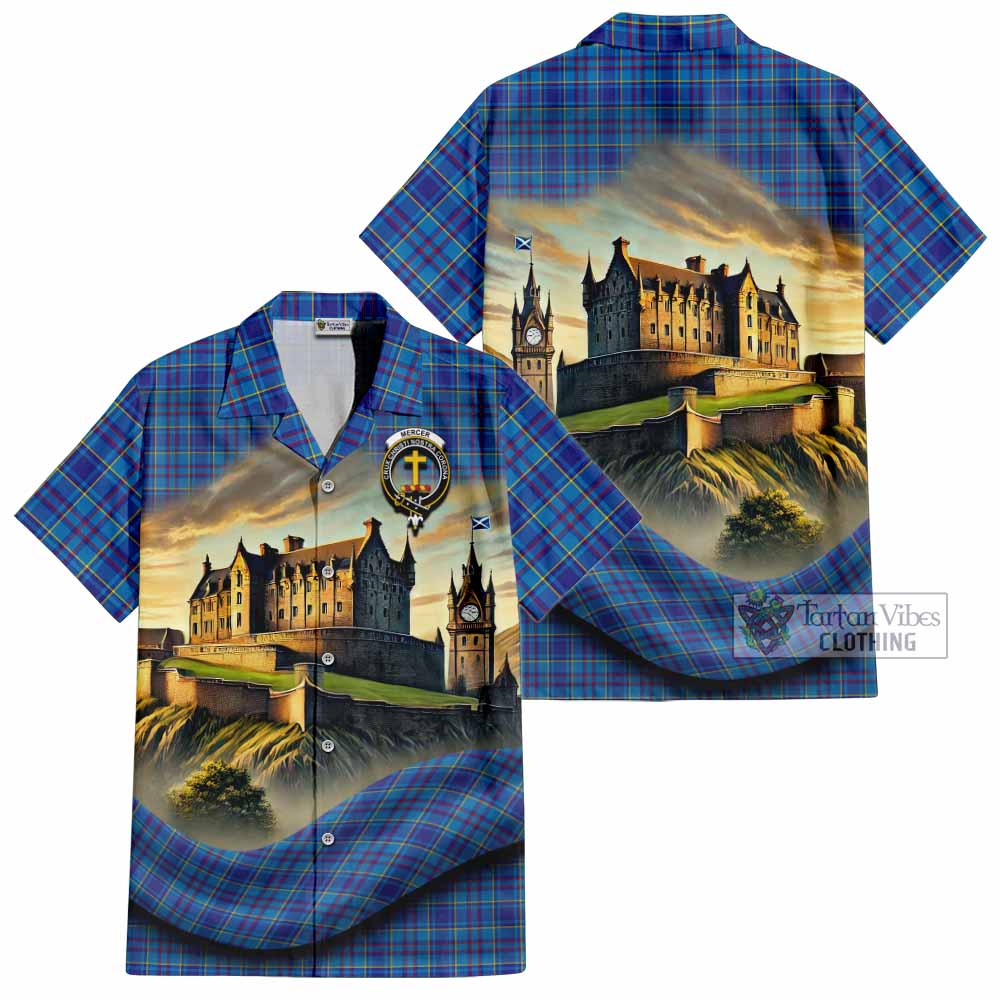 Tartan Vibes Clothing Mercer Tartan Family Crest Short Sleeve Button Shirt with Scottish Ancient Castle Style