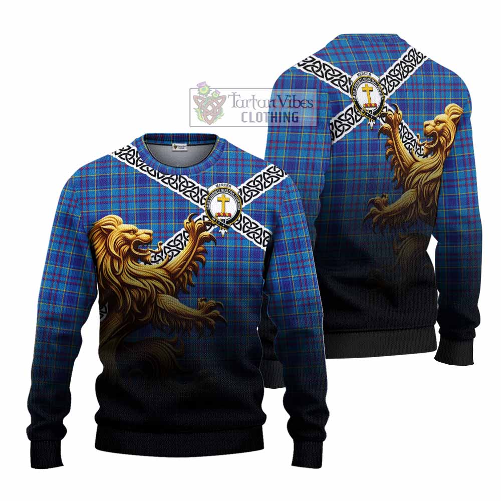 Tartan Vibes Clothing Mercer Crest Tartan Knitted Sweater with Golden Lion Emblem Celtic Style