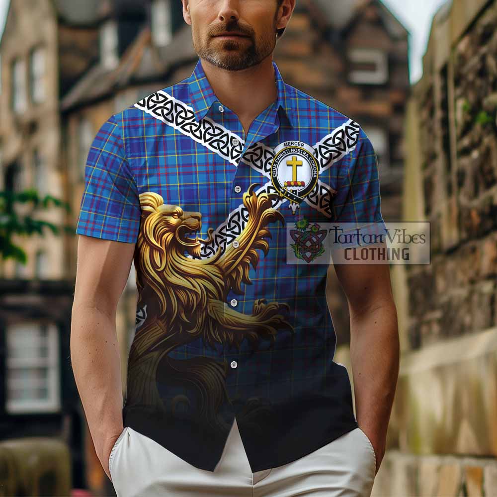 Tartan Vibes Clothing Mercer Crest Tartan Short Sleeve Button Shirt with Golden Lion Emblem Celtic Style