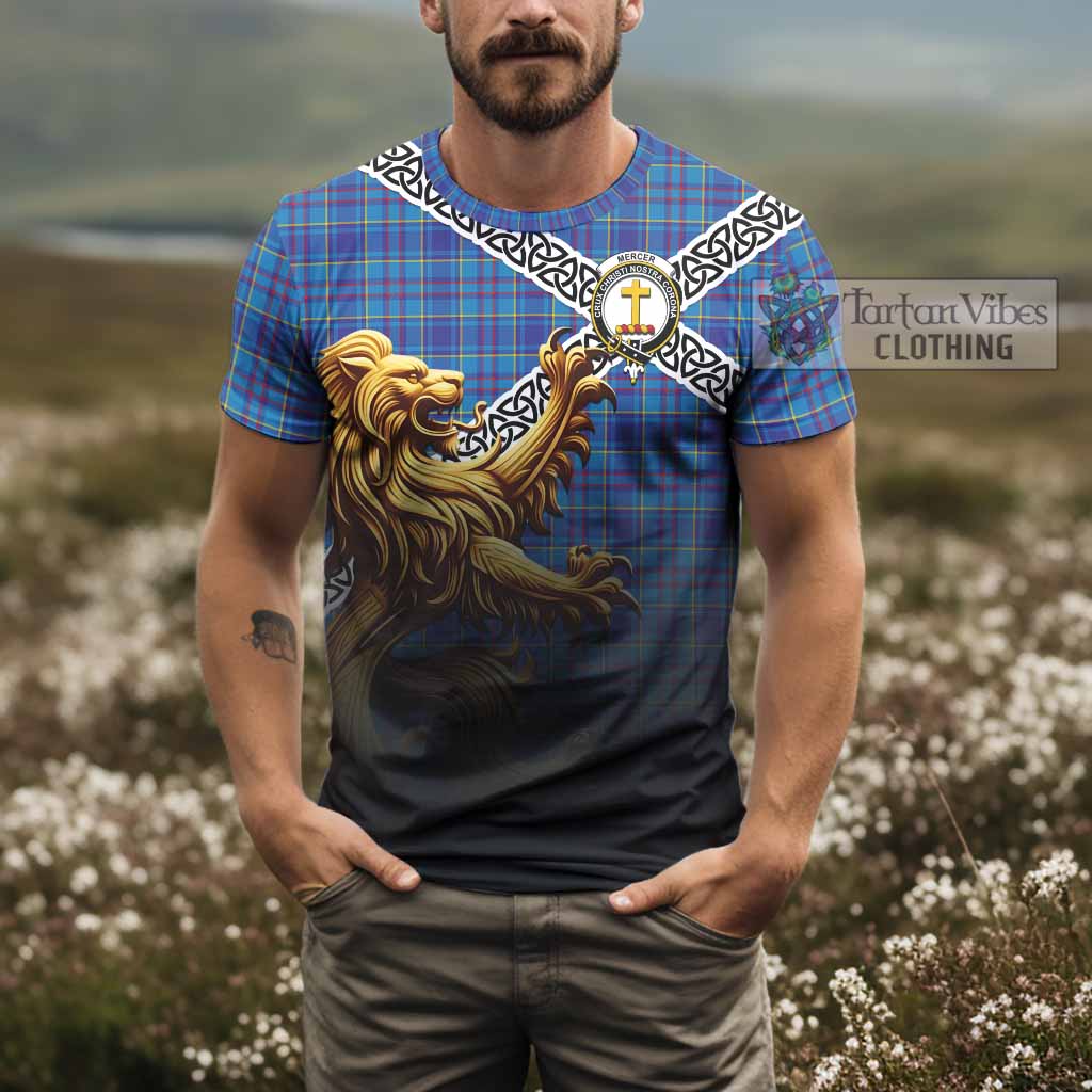 Tartan Vibes Clothing Mercer Crest Tartan T-Shirt with Golden Lion Emblem Celtic Style
