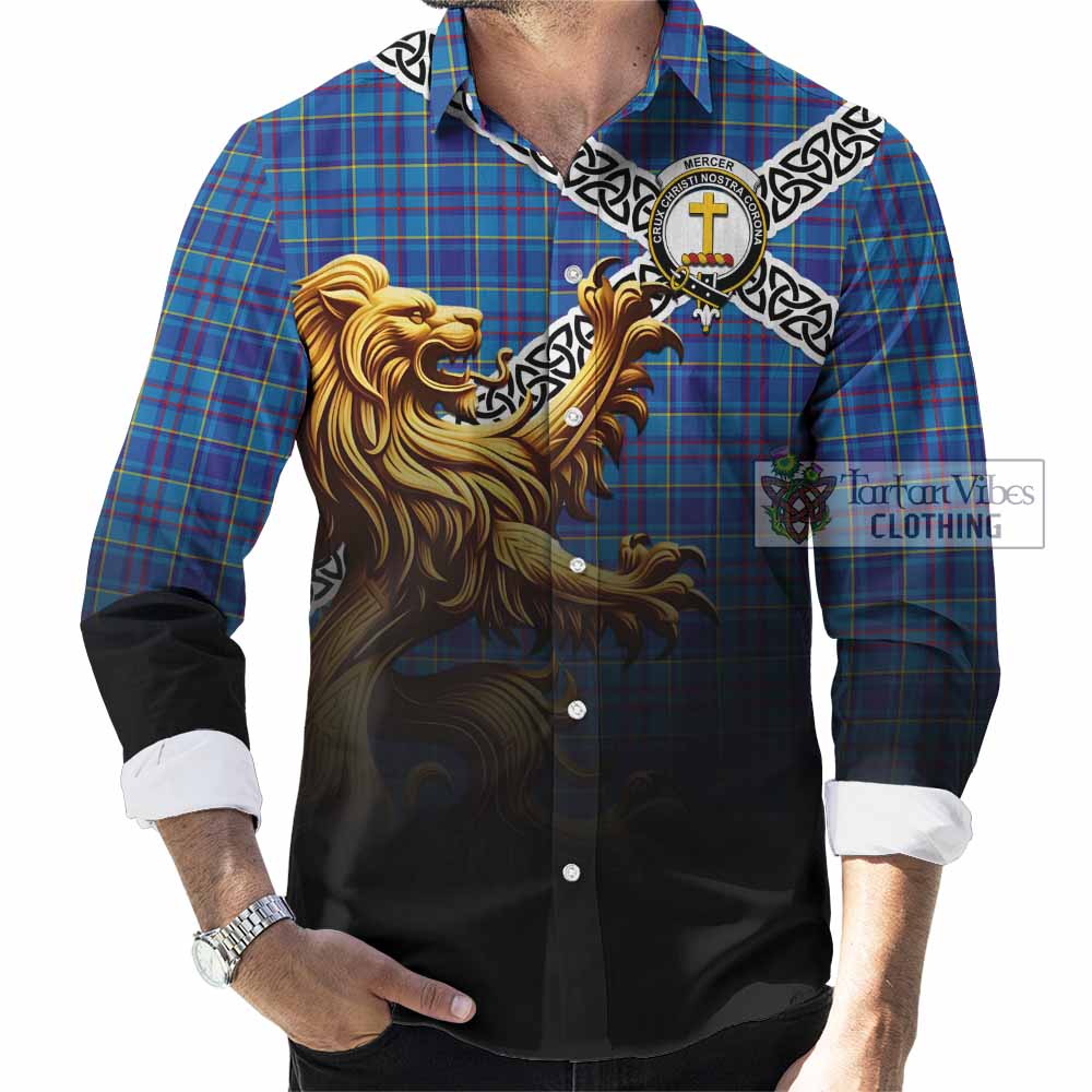 Tartan Vibes Clothing Mercer Crest Tartan Long Sleeve Button Shirt with Golden Lion Emblem Celtic Style