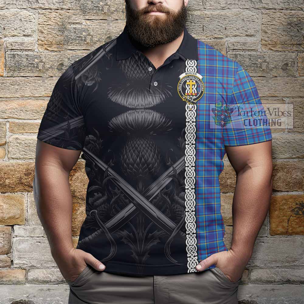 Tartan Vibes Clothing Mercer Tartan Polo Shirt with Family Crest Cross Sword Thistle Celtic Vibes