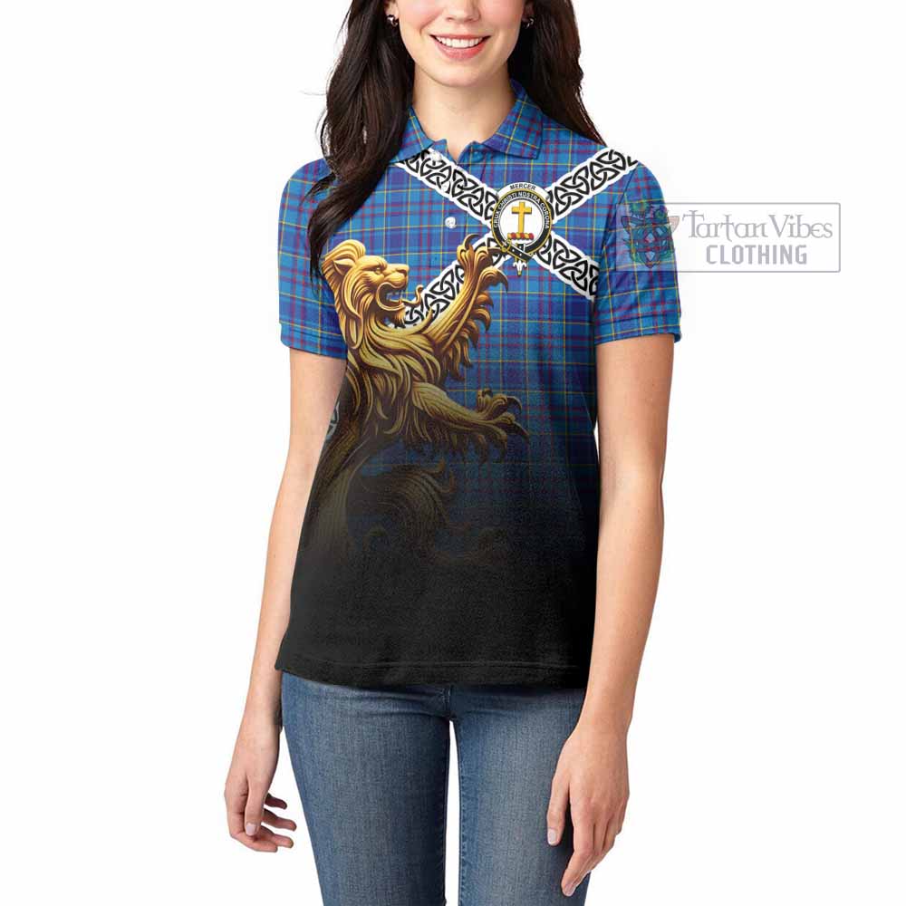 Tartan Vibes Clothing Mercer Crest Tartan Women's Polo Shirt with Golden Lion Emblem Celtic Style