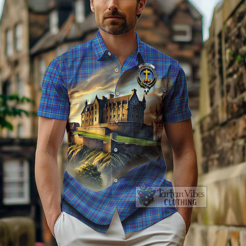 Tartan Vibes Clothing Mercer Tartan Family Crest Short Sleeve Button Shirt with Scottish Ancient Castle Style