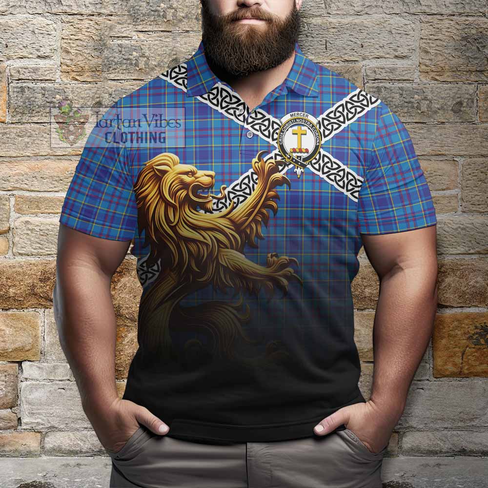 Tartan Vibes Clothing Mercer Crest Tartan Polo Shirt with Golden Lion Emblem Celtic Style