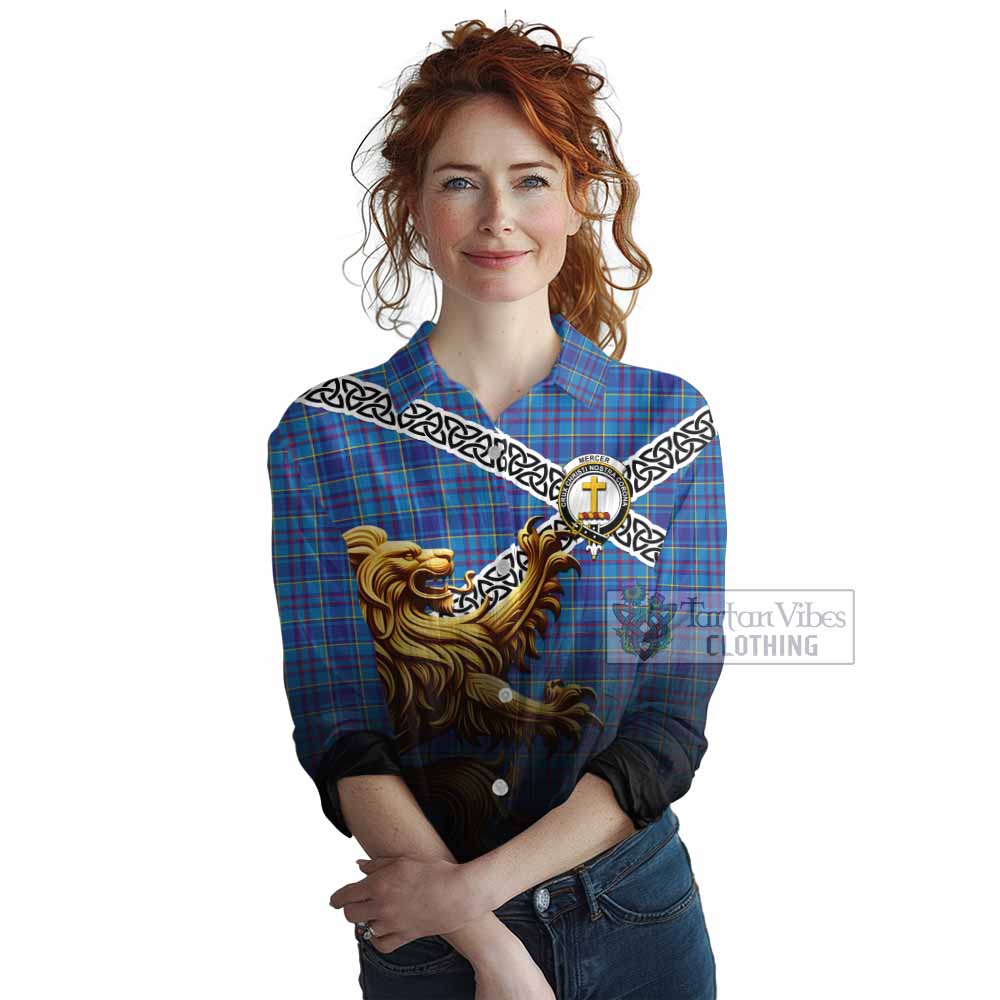 Tartan Vibes Clothing Mercer Crest Tartan Women's Casual Shirt with Golden Lion Emblem Celtic Style